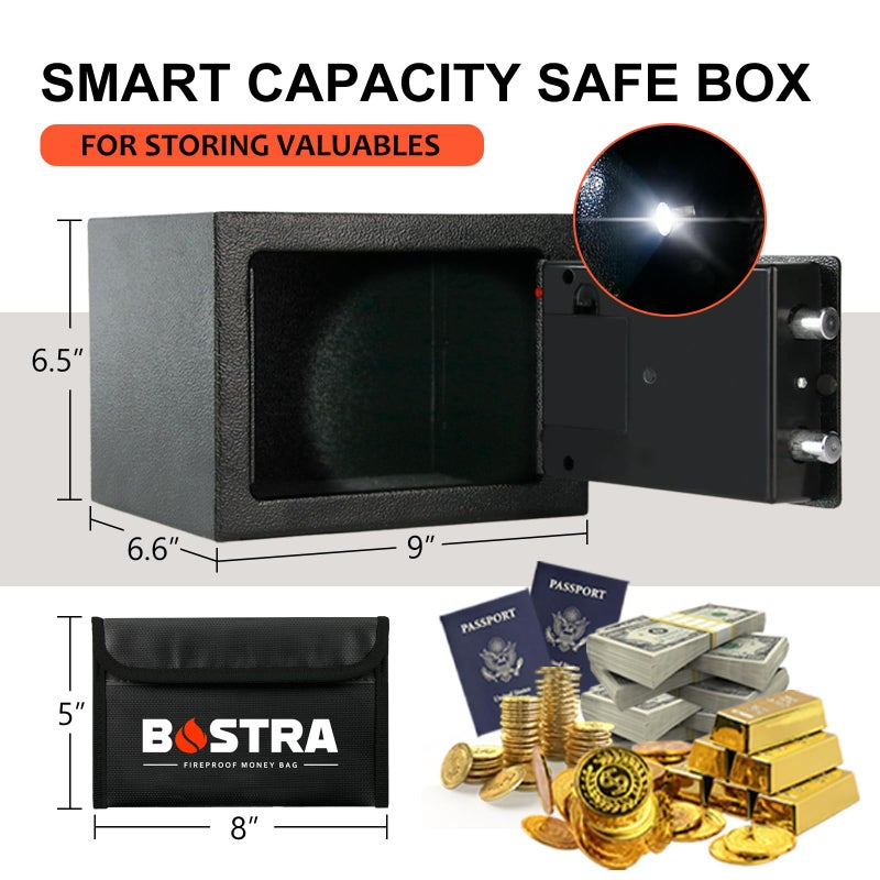 Bostra Fireproof Safe Box with Sensor Light & Fireproof Bag  Money Safe Box with Digital Keypad Security Safe Box for Home  0.23 Cubic Small Safe with Keys & Pass Code for Cash Jewelry Silver - Image 4
